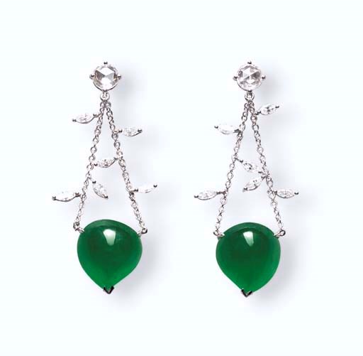 A PAIR OF JADEITE AND DIAMOND EAR PENDANTS