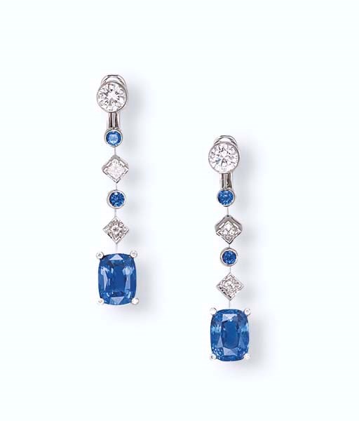 A PAIR OF SAPPHIRE AND DIAMOND EAR PENDANTS, BY CHAUMET