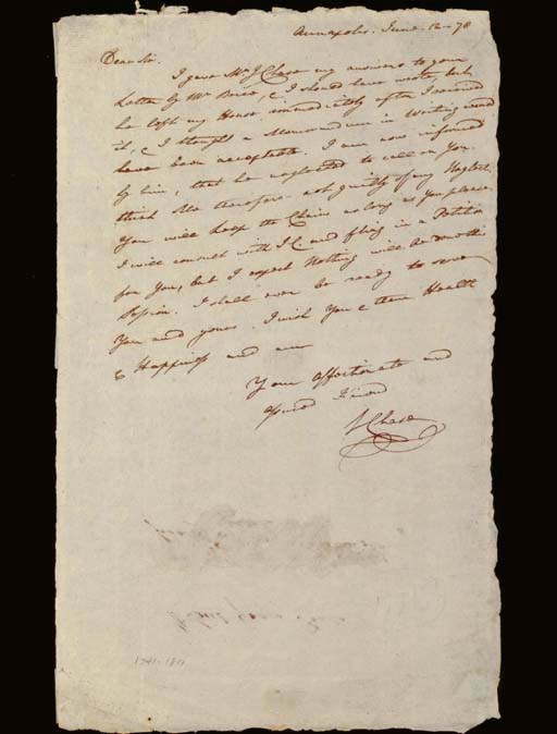 CHASE, Samuel (1741-1811), Signer (Maryland). Autograph letter signed  ("SChase," with flourish) to Lieut.  George Poole  in Baltimore; Annapolis, 12 June 1778. 1 page, folio, the sheet with original deckle edges preserved, small dampstain to blank portion, address panel on verso [With:] CHASE. Autograph free frank ("free  SChase") on address panel, slightly stained.