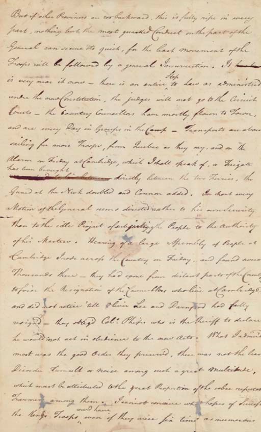 CLYMER, George (1739-1813), Signer (Pennsylvania). Autograph letter signed ("G Clymer") to Samuel Meredith in Philadelphia; Jamaica Plains [Massachusetts], 4 September 1774. 3½ pages, folio, address panel on page 4, postmarked "BOSTON", very discreet repairs at some fold intersections.