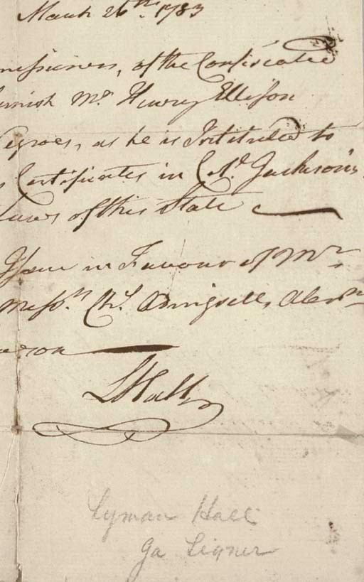 HALL, Lyman (1724-1790), Signer (Georgia). Autograph document signed ("LHall," with flourish) "In Council," 26 March 1783. 1 page, oblong (6½ x 7,3/4 in.), small pinholes at central fold, otherwise in good condition.