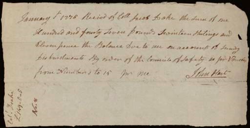 HART, John, (1711-1779),  Signer (New Jersey). Autograph document signed ("John Hart"), n.p., 1 January 1778. 1 page, an oblong (4 x 8 in. approximately), verso with a autograph document signed by Col. Jacob Drake, who furnished the funds.