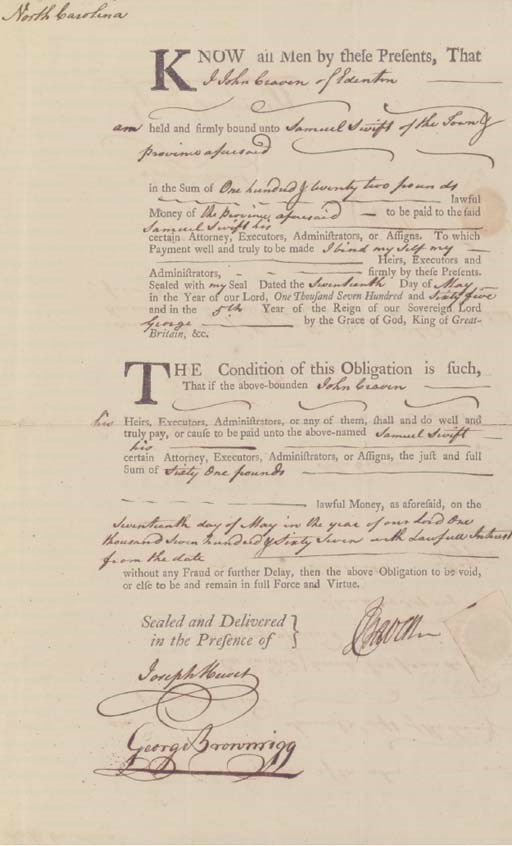 HEWES, Joseph (1730 - 1779), Signer (North Carolina). Partly printed document accomplished and signed ("Joseph Hewes," with large flourish), [Edenton?, North Carolina], 20 May 1765. Folio, small papered seal at lower left, BOLDLY ACCOMPLISHED IN INK BY HEWES. In fine, untrimmed condition. With a very fine, flourished Hewes signature.