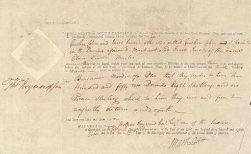 HEYWARD, Thomas, Jr. (1746-1809), Signer (South Carolina). Partly printed document signed ("Thos. Heyward Junr.") as Justice, Charleston, 15 February 1785. 1 page, oblong 4to, square papers seal at top left, accomplished in manuscript, boldly signed in the broad left-hand margin.  In excellent, untrimmed condition.