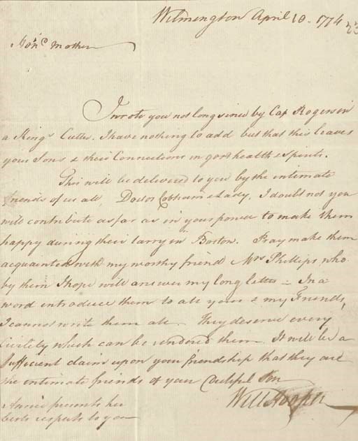HOOPER, William (1742-1790), Signer (North Carolina). Autograph letter signed ("Will Hooper") to his mother, Mary Hooper, Wilmington, [North Carolina], 10 April 1774. 1 full page, small 4to, integral address leaf.