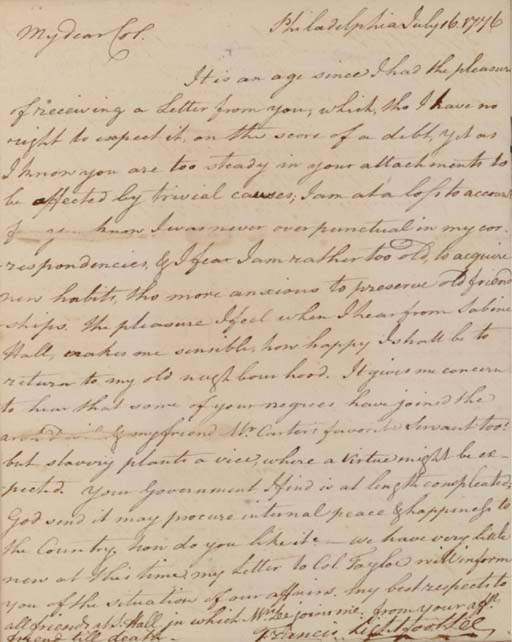 LEE, Francis Lightfoot (1734-1797), Signer (Virginia). Autograph letter signed ("Francis Lightfoot Lee") to Col. Landon Carter, Sabine Hall, Richmond County; Philadelphia, 16 July 1776. 1 full page, small 4to, neatly inlaid, tiny losses along folds affecting a few letters, original address panel trimmed and mounted on verso. [With:] LEE. Autograph free frank ("free  F.L. Lee") on address panel.