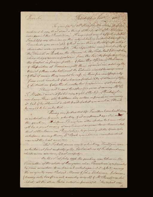 MCKEAN, Thomas, 1734-1817, Signer (Delaware). Autograph letter signed ("Tho M:Kean") to "His Excellency John Adams," Philadelphia, January 1814. 2¼ pages, folio, minor spotting at top corner, the original signature cut away and neatly replaced with another genuine signature.