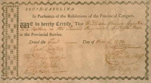 MIDDLETON, Arthur (1742-1787), Signer (South Carolina). Partly printed document signed ("Arthur Middleton"), countersigned by fellow Signer THOMAS HEYWARD ("Thomas Heyward Jun.," 1746-1809) and by HENRY LAURENS ("Henry Laurens," 1724-1792), CHARLES PINCKNEY ("Chas. Pinckney," 1757-1824), JOHN RUTLEDGE ("J. Rutledge," 1739-1800), Thomas Ferguson and Rawlins Lowndes (1721-1800). N.p., [Charleston, S.C.?], 1 March 1776.