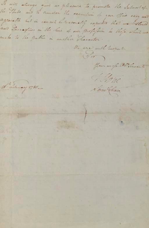 STONE, Thomas (1743-1787), Signer (Maryland). Autograph letter signed ("T Stone"), ALSO SIGNED BY SIGNER SAMUEL CHASE, to an unidentified correspondent, n.p., 18 February 1785. 1½ pages, folio small tear at center fold, otherwise in very fine condition.