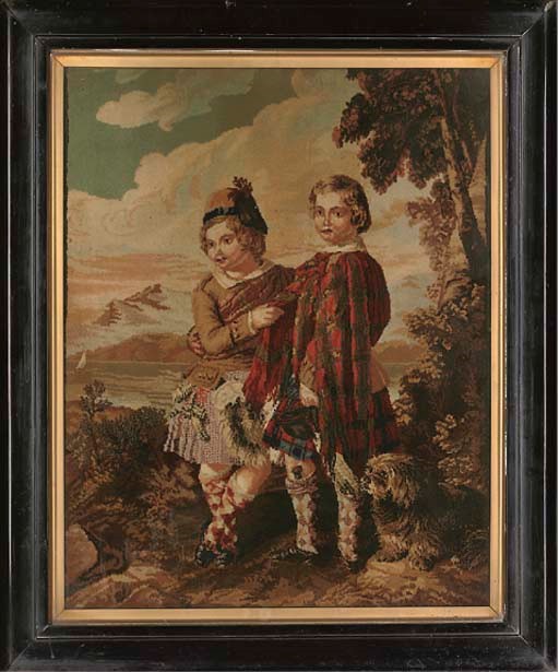 A TEXTURED PLUSH 'MOSAIC' PORTRAIT OF TWO BOYS IN HIGHLAND COSTUME