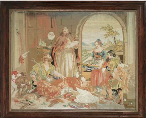 A LARGE WOOLWORK OF 'THE FRUITS OF THE LAND' AFTER LANDSEER