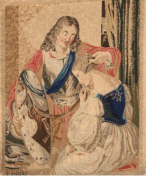 A BERLIN WOOLWORK PICTURE OF AN ELEGANT COUPLE AT A MIRROR, DATED 1848