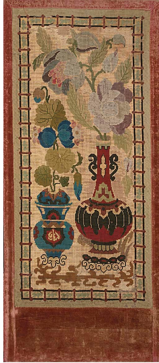 A WOOLWORK FOUR-FOLD SCREEN
