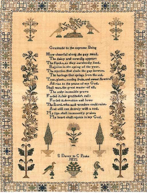 A SAMPLER BY 'S DAVEY TO C PEAKE', DATED 1835
