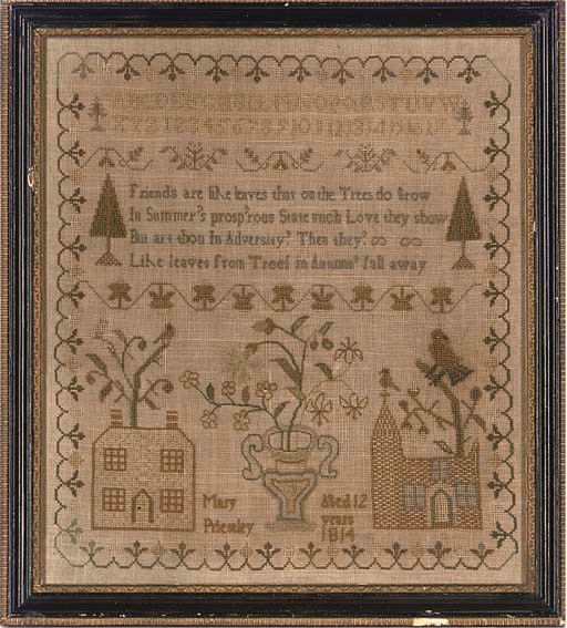 A SAMPLER BY MARY PRIESTLY DATED 1814, IN ORIGINAL FRAME