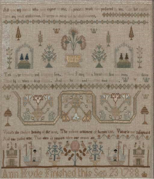 A SAMPLER BY ANN HYDE DATED 1788 IN ORIGINAL FRAME