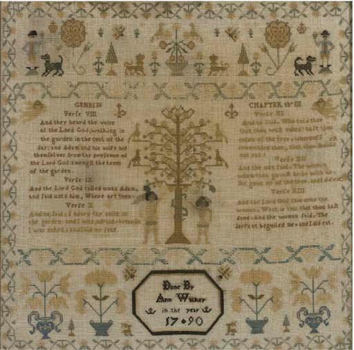 A FINE SAMPLER BY ANN WALKER DATED 1790 IN ORIGINAL FRAME