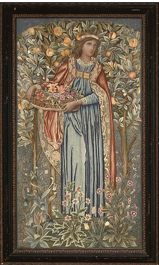A FRAMED EMBROIDERY IN THE STYLE OF BURNE-JONES