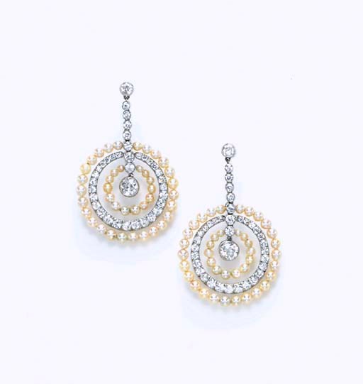 A PAIR OF SEED PEARL AND DIAMOND EAR PENDANTS