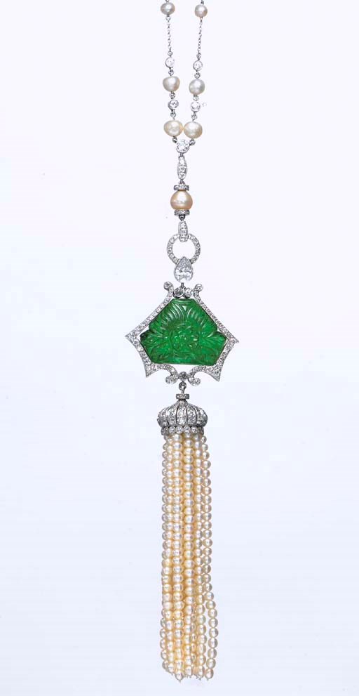 A PEARL, EMERALD AND DIAMOND NECKLACE