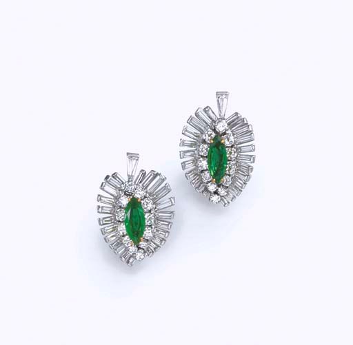 A PAIR OF EMERALD AND DIAMOND EAR CLIPS