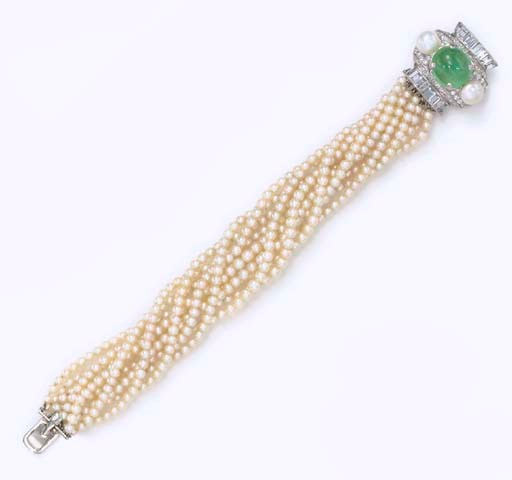 A CULTURED PEARL, EMERALD, DIAMOND AND SIMULATED DIAMOND BRACELET, BY SEAMAN SCHEPPS