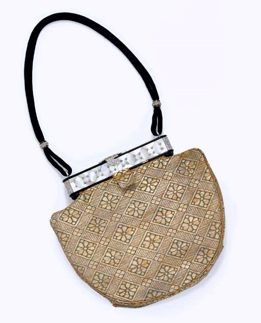 AN ART DECO MOTHER-OF-PEARL, ENAMEL AND DIAMOND EVENING BAG, BY CARTIER