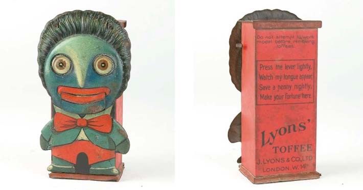 A very rare Saalheimer and Strauss tinplate mechanical 'Lyons' Toffee' Golliwog Bank
