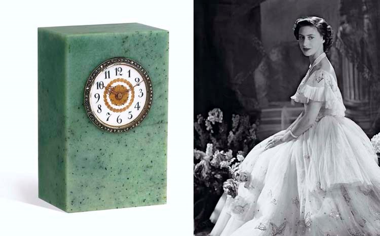 A RUSSIAN JEWELLED SILVER AND PLATINUM-MOUNTED PALE GREEN HARDSTONE CLOCK