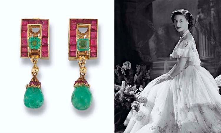 A PAIR OF EMERALD AND RUBY EARCLIPS
