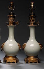 A PAIR OF ORMOLU-MOUNTED CELADON-GLAZED VASES