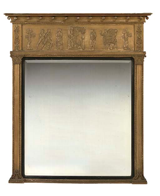 A GILT COMPOSITION OVERMANTLE MIRROR