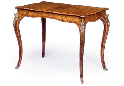 A MID-VICTORIAN GILT METAL MOUNTED BURR WALNUT AND AMBOYNA BUREAU PLAT