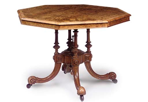 A MID-VICTORIAN BURR WALNUT AND TULIPWOOD OCTAGONAL CENTRE TABLE