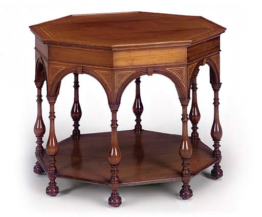 A LATE VICTORIAN WALNUT AND SYCAMORE LINE INLAID OCTAGONAL CENTRE TABLE