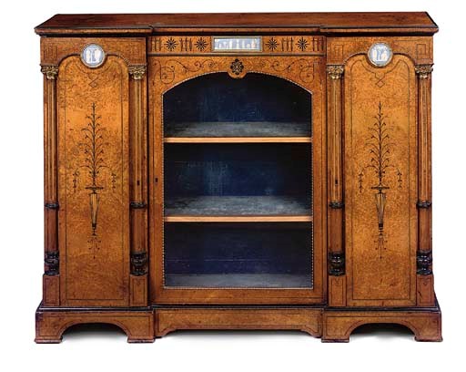 A LATE VICTORIAN GILT METAL AND PORCELAIN MOUNTED AMBOYNA AND MARQUETRY SIDE CABINET
