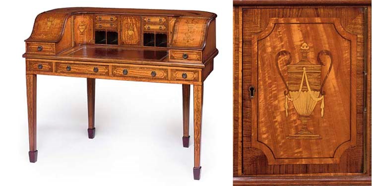 A SATINWOOD ROSEWOOD CROSSBANDED AND MARQUETRY CARLTON HOUSE DESK