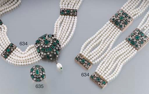 PARURE IN ORO, ARGENTO, PERLE COLTIVATE, SMERALDI E DIAMANTI