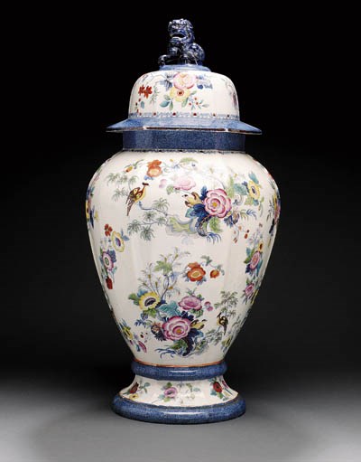 A MASSIVE ENGLISH IRONSTONE HEXAGONAL BALUSTER VASE AND COVER