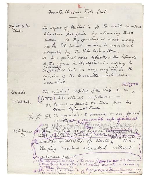 CHURCHILL, Winston Spencer (1874-1965). Autograph manuscript draft for the establishment of a regimental polo club: the 'Polo Club  4th Hussars  Rules & Committee', n.p. [on board ship, en route to India], dated (on the last page, in the hand of Captain Reginald Hoare) 'Oct[ober] 1st 1896', 8 pages, 4to (one written on a bifolium used as a wrapper), cancellations and emendations in Hoare's hand on each page in purple ink and pencil, the pages numbered in autograph and re-numbered in red (the outer leaves slightly dust-stained, tear in bottom left corner of wrapper).