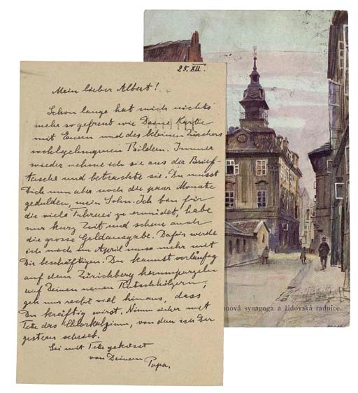 EINSTEIN, Albert (1879-1955). Two autograph postcards signed ('Papa') to his eldest son, Hans Albert, [Berlin], 21 September 1914 and 25 December 1915, together 2 pages, oblong 8vo, one on a picture postcard showing a street in Prague.
