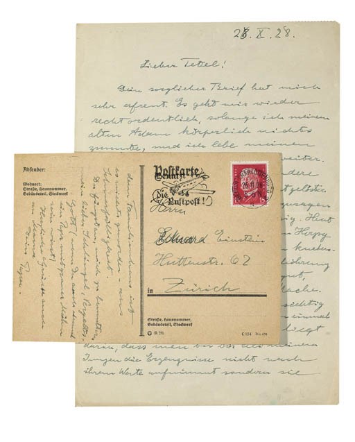 EINSTEIN, Albert (1879-1955). Autograph letter and autograph postcard signed ('Papa') to his younger son, Eduard ('Tetel'), the former n.p., 26 October 1928, the latter [Berlin, postmarked 25 November 1928], together 2 pages, 4to, and 1½ pages, 8vo (light pencil markings to margin of letter, postcard evenly browned).