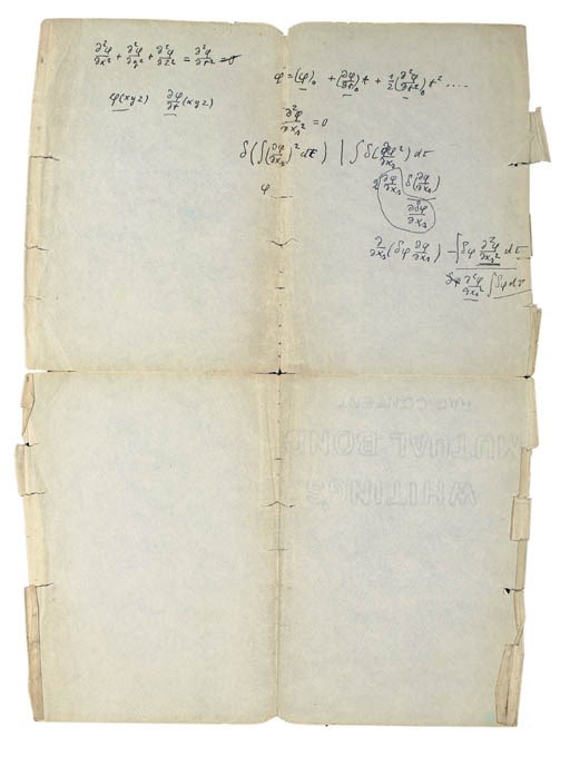 EINSTEIN, Albert (1879-1955). Autograph manuscript, a series of six groups of calculations, n.p., n.d. [?1930s], in blue and black ink, half page, 4to (278 x 202mm), on paper with watermark 'Whiting's  mutual bond  rag content', (frayed and yellowed at folds and margins).