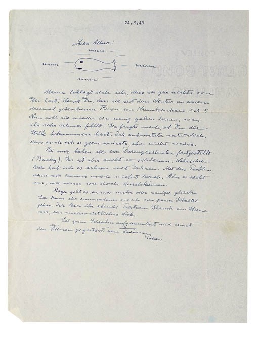 EINSTEIN, Albert (1879-1955). Autograph letter signed ('Papa') to his elder son, Hans Albert, n.p., 24 June 1947, one page, 4to, illustrated with a depiction of a fish surrounded by the word 'mum'.