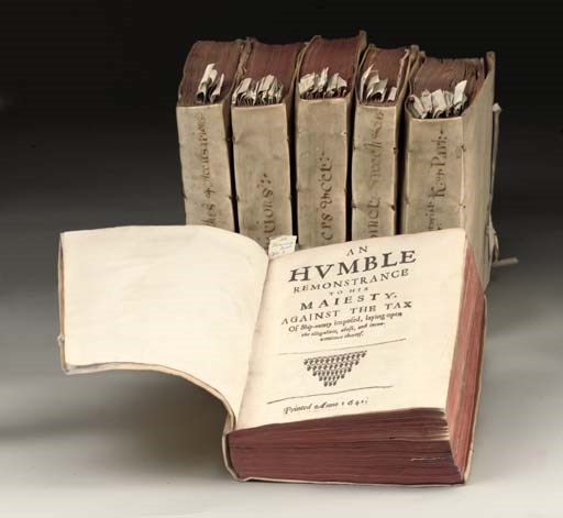 PAMPHLETS -- Six volumes containing c. 180 pamphlets and broadsides relating principally to King Charles I and the English Civil War, bound in contemporary vellum, the spines respectively titled in manuscript 1) "Speeches & Remon[stances]", 2) "Arguments, Speeches & Accusations", 3) "Petitions", 4) "Letters &cet", 5) "Kings' Cabinet Speech&Cit" and 6) "Messages & betwixt K[ing] & Parliament", including: