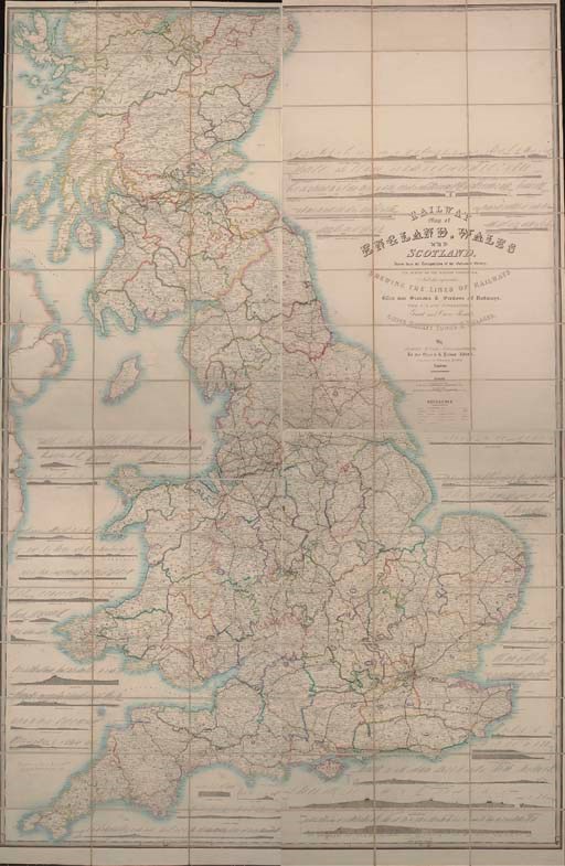 WYLD, James (1812-87).  Railway Map of England, Wales and Scotland, Drawn from the Triangulation of the Ordnance Survey, the Survey of the Railway Companies, And other information, Shewing the Lines of Railways With their Stations & Sections of Railways, the Inland Navigation, Great and Cross Roads, Cities, Market Towns & Villages. London: James Wyld, [c.1850]. Large folding engraved map in 96 sections mounted on 4 linen-backed sheets, hand-coloured in outline, numerous railway profiles (a few small isolated stains), each sheet 1,030 x 670mm., folding into original cloth case with printed paper label (lightly rubbed). Provenance: "W. P. Kenyon, from Leaton Knolls sale, Sept 1947" (inscription on verso of one sheet) -- some inconspicuous later annotation and coloured pen marking. A FINE COPY OF A RARE MAP.