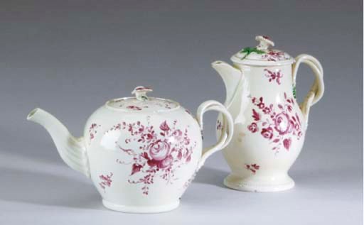 A STAFFORDSHIRE CREAMWARE TEAPOT AND COVER AND HOT MILK JUG AND COVER,