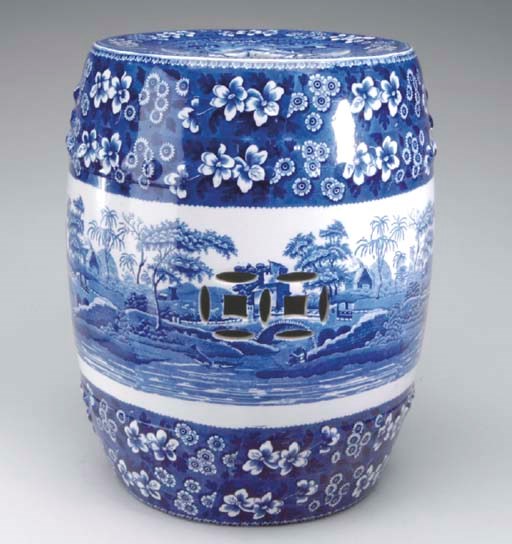 A PAIR OF STAFFORDSHIRE BLUE AND WHITE TRANSFER-PRINTED GARDEN SEATS,
