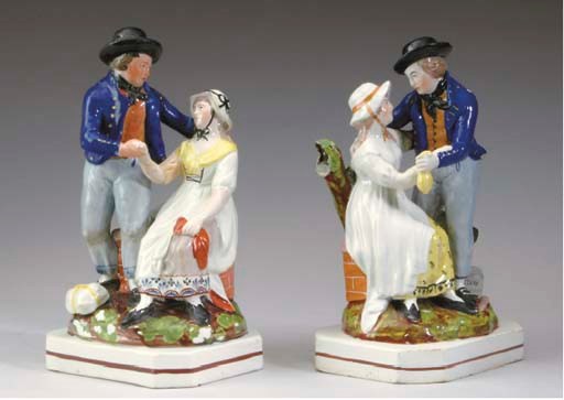A PAIR OF STAFFORDSHIRE FIGURAL GROUPS OF COURTING COUPLES,