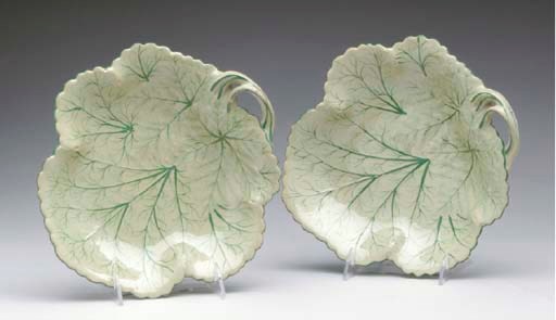 A PAIR OF SPODE GREEN-GLAZED EARTHENWARE LEAF-SHAPED DISHES,